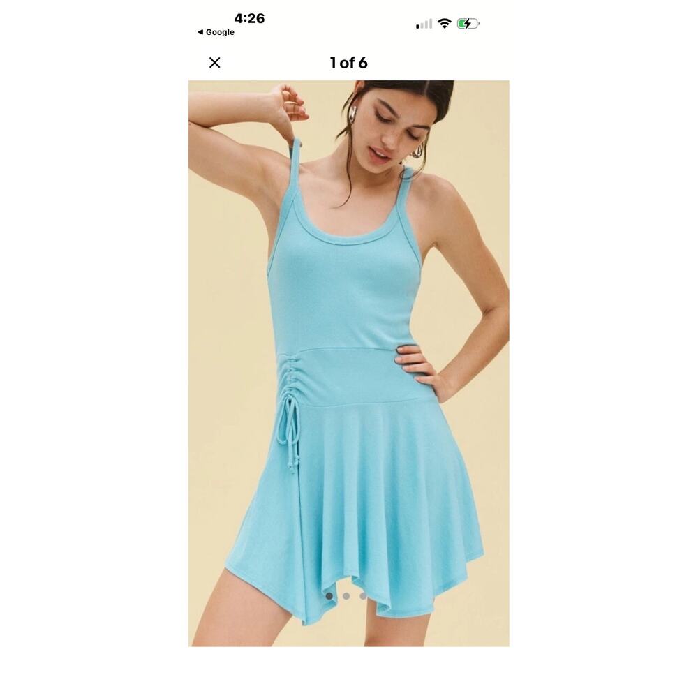Anthropologie Blue Ribbed Mini A-Line Dress Scoop Neck Sleeveless Drawstring M